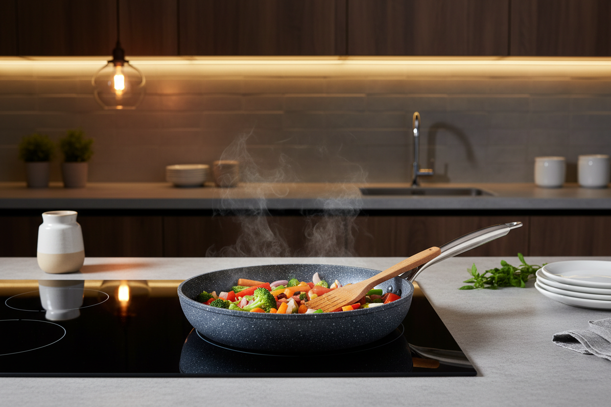 WokCraft Stone Series Frypan in use on kitchen stove