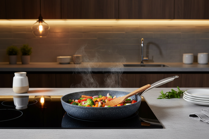 WokCraft Stone Series Frypan in use on kitchen stove