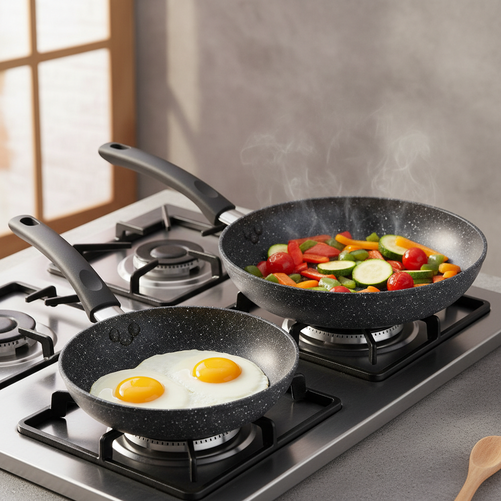 WokCraft 2-Piece Stone Frypan Combo Set in use on kitchen stove